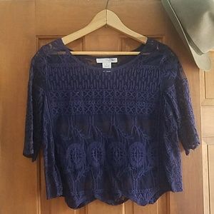 Navy Blue Lace Elbow Length Sleeve Blouse